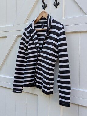 Audrey & Grace Black White Striped 100% Cotton Knit Cardigan Jacket Blazer M